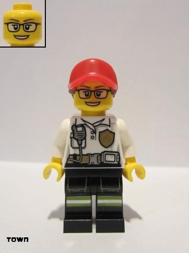 lego 2019 mini figurine cty0970 Fire Female White Shirt with Fire Logo Badge and Belt, Reflective Stripes on Black Legs, Red Cap with Ponytail 