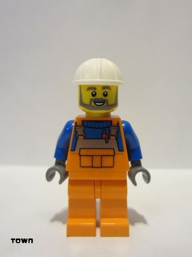 lego 2019 mini figurine cty0971 Construction Worker Orange Overalls over Blue Shirt, White Construction Helmet, Open Mouth with Beard
 