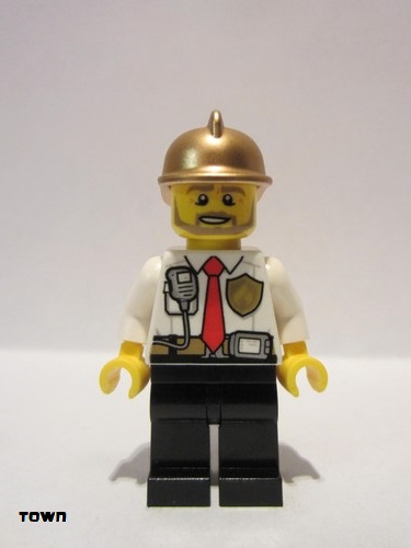 lego 2019 mini figurine cty0973 Fire White Shirt with Tie and Belt and Radio, Black Legs, Gold Fire Helmet 