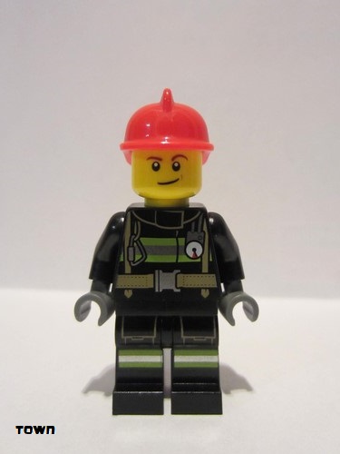 lego 2019 mini figurine cty0975 Fire Reflective Stripes with Utility Belt, Red Fire Helmet, Lopsided Smile 