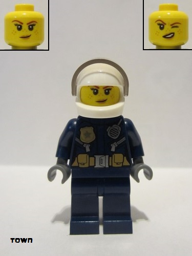lego 2019 mini figurine cty0976 Police - City Helicopter Pilot Female, Gold Badge and Utility Belt, Dark Blue Legs, White Helmet, Peach Lips Crooked Smile with Freckles 