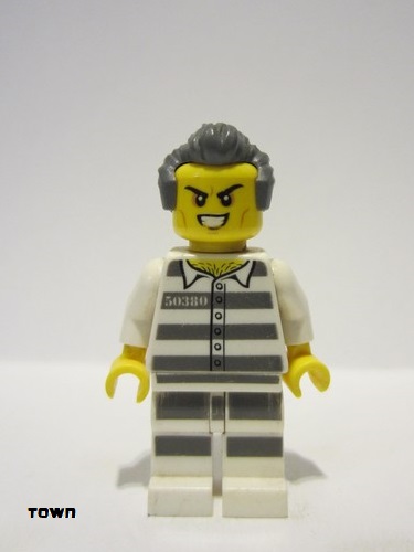 lego 2019 mini figurine cty0978 Sky Police - Jail Prisoner 50380 Prison Stripes, Scowl with Teeth, Dark Bluish Gray Hair with Sideburns 