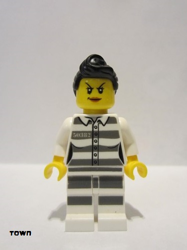 lego 2019 mini figurine cty0979 Sky Police - Jail Prisoner 50382 Prison Stripes, Female, Scowl with Peach Lips, Black Ponytail 