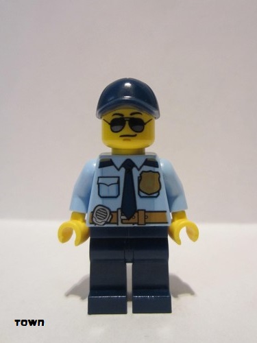 lego 2019 mini figurine cty0981 Police - City Officer Shirt with Dark Blue Tie and Gold Badge, Dark Tan Belt with Radio, Dark Blue Legs, Blue Cap, Sunglasses 