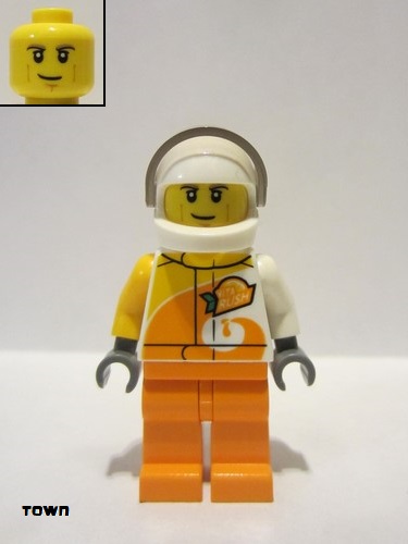 lego 2019 mini figurine cty0983 Desert Rally Racer Driver With Orange 'VITA RUSH' Logo and Dark Tan Eyebrows 