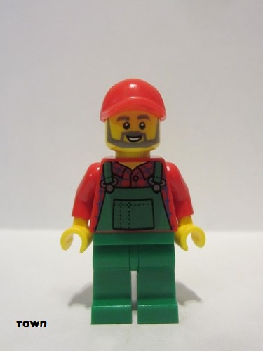 lego 2019 mini figurine cty0984 Farmer Red Cap and Flannel Shirt, Dark Bluish Gray Beard, Green Overalls 