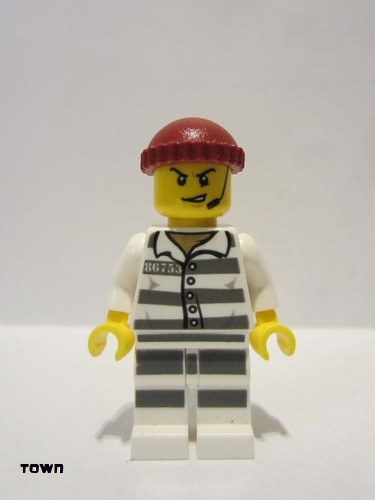lego 2019 mini figurine cty0988 Sky Police - Jail Prisoner 86753 Prison Stripes, Scowl with Open Mouth and Headset, Dark Red Knit Cap 