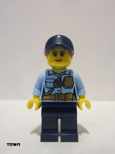 lego 2019 mini figurine cty0992 Police - City Officer Female, Bright Light Blue Shirt with Badge and Radio, Dark Blue Legs, Dark Blue Cap with Dark Orange Ponytail 