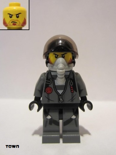 lego 2019 mini figurine cty0993 Sky Police - Jail Prisoner Jacket over Prison Stripes, Black Helmet, Oxygen Mask 