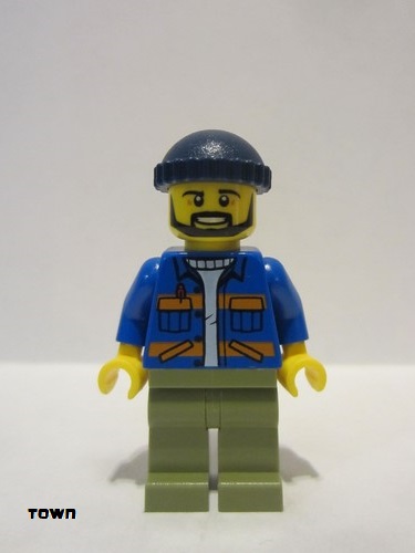 lego 2019 mini figurine cty0996 Dock Worker Male, Blue Jacket with Diagonal Lower Pockets and Orange Stripes, Olive Green Legs, Dark Blue Knit Cap 