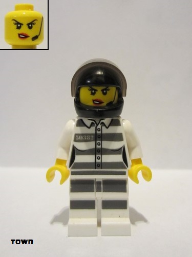 lego 2019 mini figurine cty0998 Sky Police - Jail Prisoner 50382 Prison Stripes, Female, Scowl with Red Lips and Open Mouth, Black Helmet 