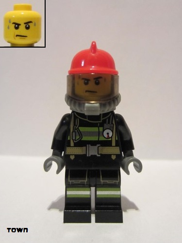 lego 2019 mini figurine cty1005 Fire Reflective Stripes, Sweat Drops, Red Helmet, Breathing Neck Gear with Blue Airtanks 