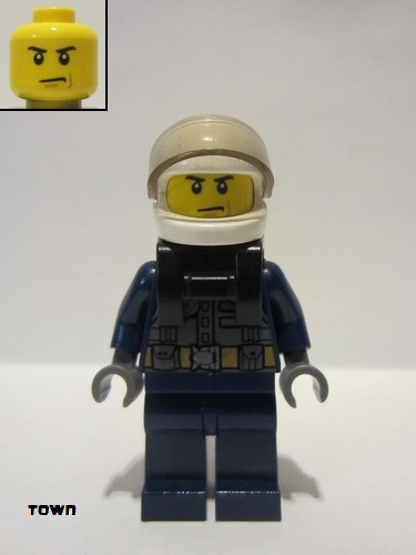 lego 2019 mini figurine cty1007 Police - City Pilot Jacket with Dark Bluish Gray Vest, Dark Blue Legs, White Helmet, Scowl with Neck Bracket (for Jet Pack) 