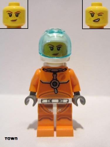 lego 2019 mini figurine cty1008 Astronaut Female, Orange Spacesuit with Dark Bluish Gray Lines, Trans Light Blue Large Visor, Freckles with Smirk and Winking 