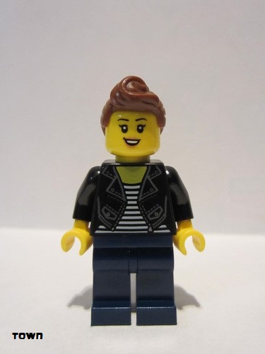 lego 2019 mini figurine cty1022 Teenage Girl Black Jacket and White Shirt with Black Stripes, Dark Blue Legs, Reddish Brown Hair Female Ponytail and Fringe 