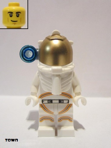 lego 2019 mini figurine cty1027 Astronaut Male, White Spacesuit with Orange Lines, Side Lamp, Smirk and Cheek Lines 