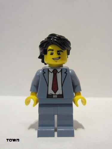 lego 2019 mini figurine cty1032 Reporter Sand Blue Suit, Dark Red Tie, Black Hair Swept Back Tousled 