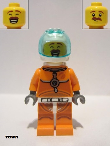 lego 2019 mini figurine cty1034 Astronaut Male, Orange Spacesuit with Dark Bluish Gray Lines, Trans Light Blue Large Visor, Large Smile with Eyes Closed and Smirk 