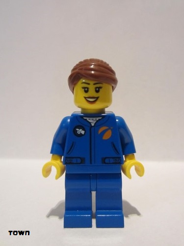 lego 2019 mini figurine cty1036 Astronaut Female, Blue Jumpsuit, Reddish Brown Hair Swept Back Into Bun, Open Mouth Smile 