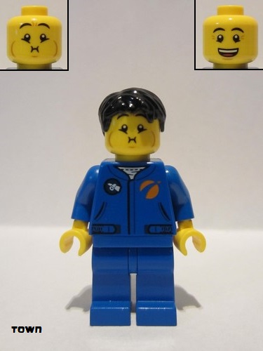 lego 2019 mini figurine cty1040 Astronaut Male, Blue Jumpsuit, Black Hair Short Tousled with Side Part, Queasy and Open Mouth Smile 