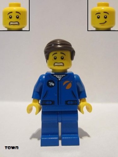 lego 2019 mini figurine cty1041 Astronaut Male, Blue Jumpsuit, Dark Brown Hair Short Combed Sideways Part Left, Scared and Lopsided Smile 