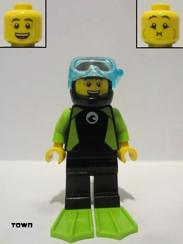 lego 2019 mini figurine cty1052 Diver Male, Black Wetsuit with White Logo and Lime Trim and Flippers 