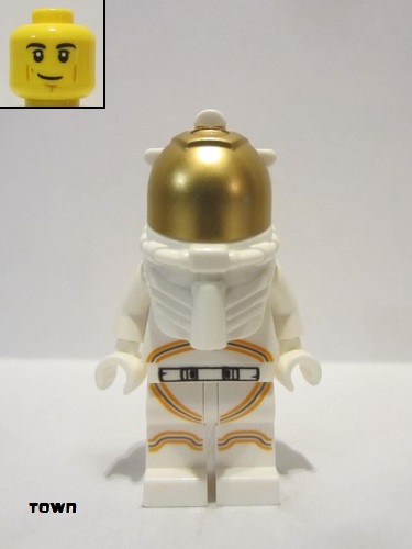 lego 2019 mini figurine cty1055a Astronaut Male, White Spacesuit with Orange Lines, Smirk, Cheek Lines, Black Eyebrows 
