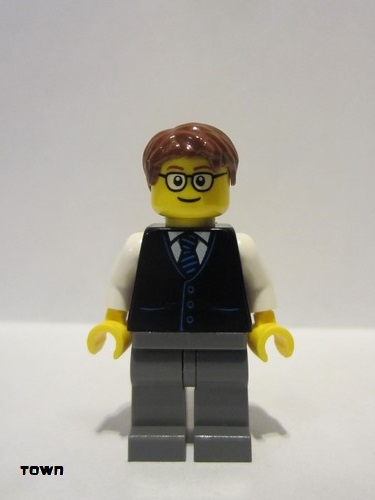 lego 2019 mini figurine cty1057 Launch Director Male, Black Vest with Blue Striped Tie, Reddish Brown Short Tousled Hair, Glasses 