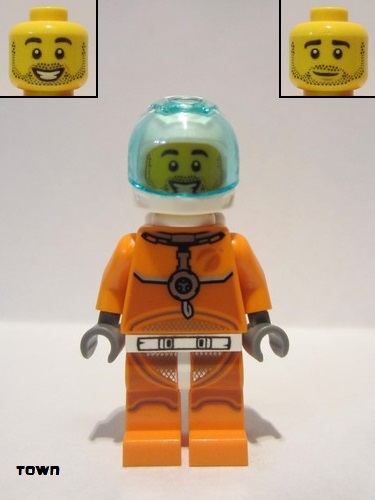 lego 2019 mini figurine cty1059 Astronaut Male, Orange Spacesuit with Dark Bluish Gray Lines, Trans Light Blue Large Visor, Stubble 