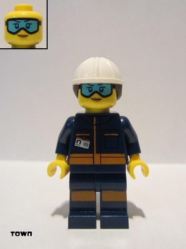 lego 2019 mini figurine cty1060 Ground Crew Technician Female, Dark Blue Jumpsuit, White Construction Helmet with Dark Brown Ponytail Hair, Light Blue Goggles 
