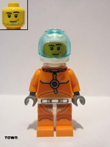 lego 2019 mini figurine cty1061 Astronaut Male, Orange Spacesuit with Dark Bluish Gray Lines, Trans Light Blue Large Visor, Stubble, Moustache and Sideburns 