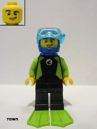 lego 2019 mini figurine cty1062 Diver Male, Black Wetsuit with White Logo and Lime Trim and Flippers, Blue Helmet and Airtanks 