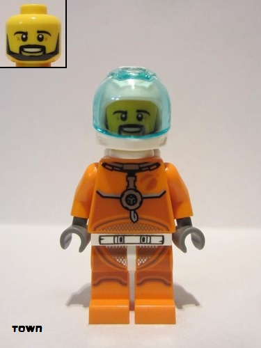 lego 2019 mini figurine cty1063 Astronaut Male, Orange Spacesuit with Dark Bluish Gray Lines, Trans Light Blue Large Visor, Black Angular Beard 