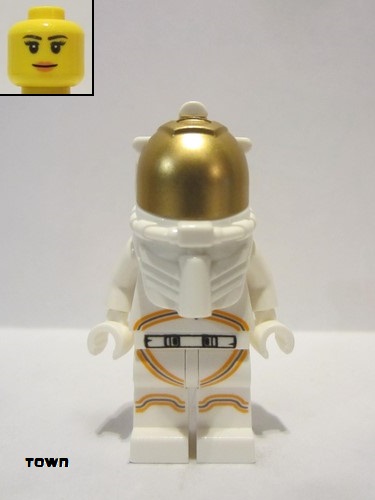 lego 2019 mini figurine cty1064 Astronaut Female, White Spacesuit with Orange Lines, Closed Mouth Smile 