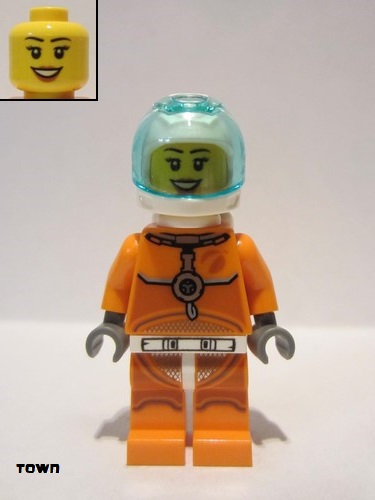 lego 2019 mini figurine cty1065 Astronaut Female, Orange Spacesuit with Dark Bluish Gray Lines, Trans Light Blue Large Visor, Open Mouth Smile 