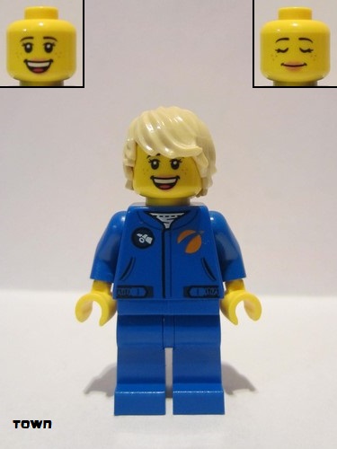 lego 2019 mini figurine cty1067 Astronaut Female, Blue Jumpsuit, Tan Hair Tousled with Side Part, Freckles, Open Smile with Teeth 