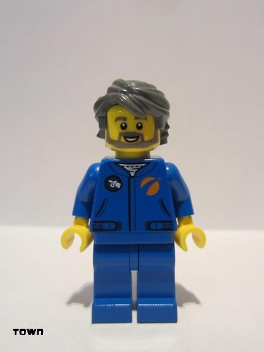 lego 2019 mini figurine cty1068 Astronaut Male, Blue Jumpsuit, Dark Bluish Gray Hair and Full Angular Beard, Open Mouth Smile 