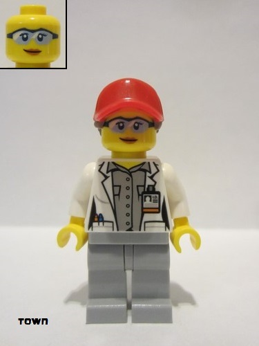lego 2019 mini figurine cty1069 Scientist Female, Red Cap with Ponytail Hair, Blue Goggles and Light Bluish Gray Legs 