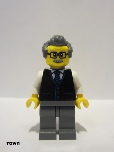 lego 2019 mini figurine cty1070 Launch Director Male, Black Vest with Blue Striped Tie, Dark Bluish Gray Short Swept Back with Sideburns Hair, Glasses and Moustache 