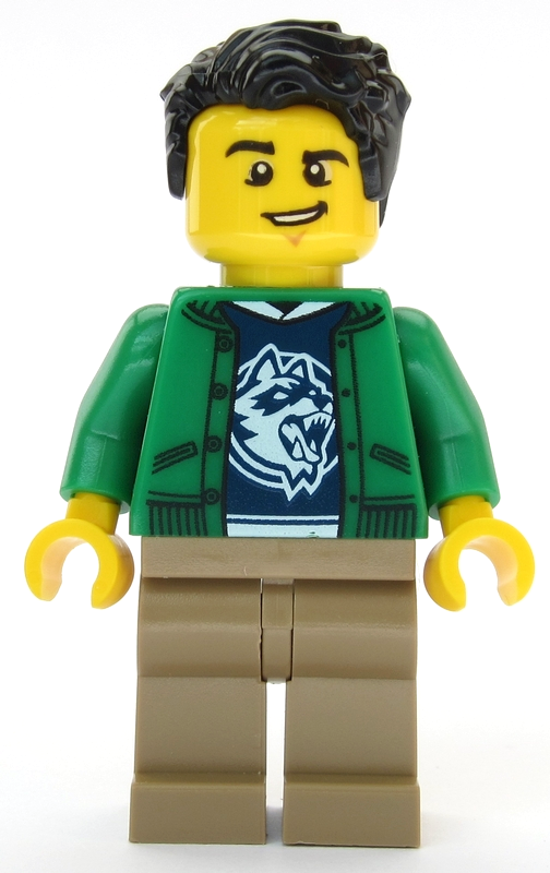 lego 2019 mini figurine cty1086 Ski Shop Clerk Male, Green Jacket over Raccoon Shirt, Black Hair 