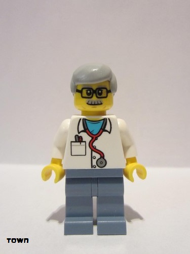 lego 2019 mini figurine twn357 Veterinarian Dr. Jones With Light Bluish Gray Hair, Glasses, Red Stethoscope and Sand Blue Legs 