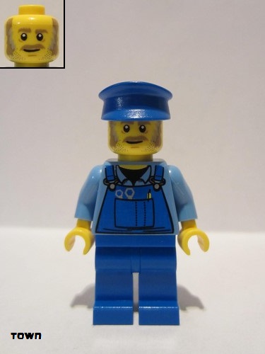 lego 2019 mini figurine twn361 Mechanic Male with Blue Hat, Dark Tan Moustache and Sideburns, Medium Blue Shirt, and Blue Overalls 