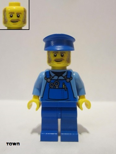 lego 2019 mini figurine twn361a Mechanic Male with Blue Hat, Dark Tan Moustache and Sideburns, Medium Blue Shirt, and Blue Overalls, with Back Print 