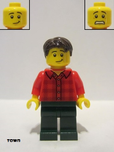 lego 2019 mini figurine twn363 Man With Red Flannel Shirt, Dark Green Pants and, Dark Brown Hair 