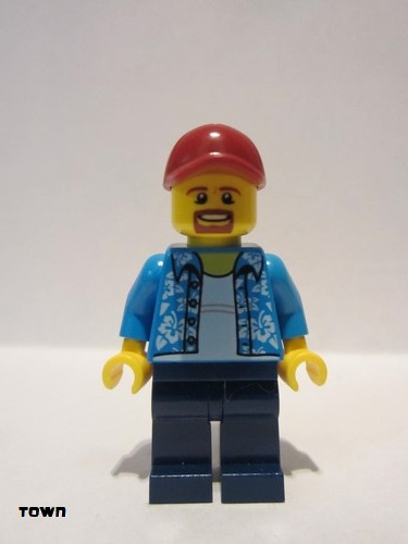 lego 2019 mini figurine twn369 Man With Hawaiian Shirt, Dark Blue Legs, Dark Red Cap 