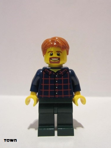 lego 2019 mini figurine twn371 Man With Plaid Button Shirt, Dark Green Legs, Dark Orange Hair 