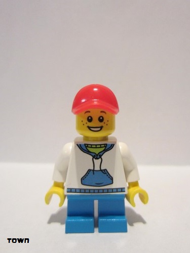 lego 2019 mini figurine twn372 Child Boy With White Hoodie with Blue Pockets, Dark Azure Short Legs, Red Short Bill Cap 