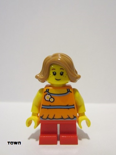 lego 2019 mini figurine twn376a Child Girl With Medium Nougat Short Swept Sideways Hair and Red Short Legs, Covered Back 