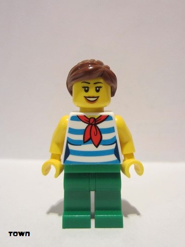 lego 2019 mini figurine twn377 Citizen Female with Reddish Brown Ponytail and Swept Sideways Fringe Hair, Red Scarf, Blue Striped Shirt and Green Pants 