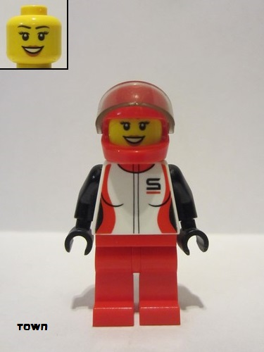 lego 2020 mini figurine cty1109 Race Car Driver Female, Red and White Race Jacket, Red Helmet and Legs Veste de course femme, rouge et blanche, casque et jambes rouges